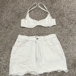 White Denim Bralette Top and Skirt Set